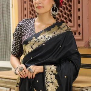 Jade Black Motif Katan Silk Handwoven Banarasi Saree